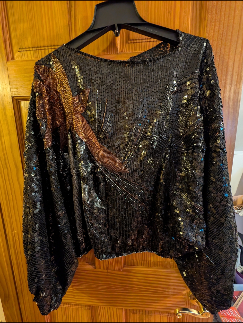 Black Sequin Long-Sleeve Party Top with Metallic Bow Accent